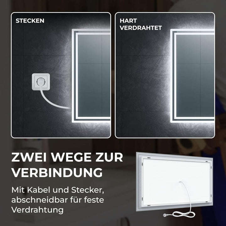 BR Bringer LED Badspiegel - 70x50 cm - Badezimmerspiegel mit Beleuchtung und Anti-Beschlag Funktion