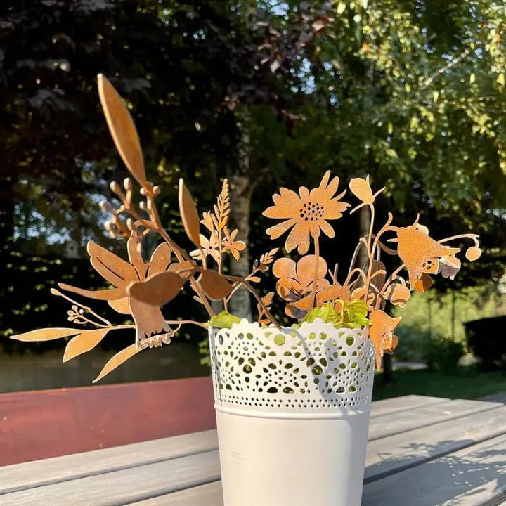 10er Set Gartenstecker Metall Blumen und Blätter Rost Gartendeko rostige Dekoration Edelrost Beetste