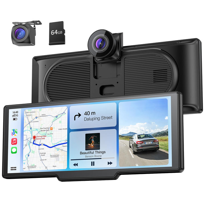 9,26" Drahtloses Tragbarer Car Play Display mit 4K-Front- &amp; HD-Rückfahr-Dual-Dashcam für Apple CarPl