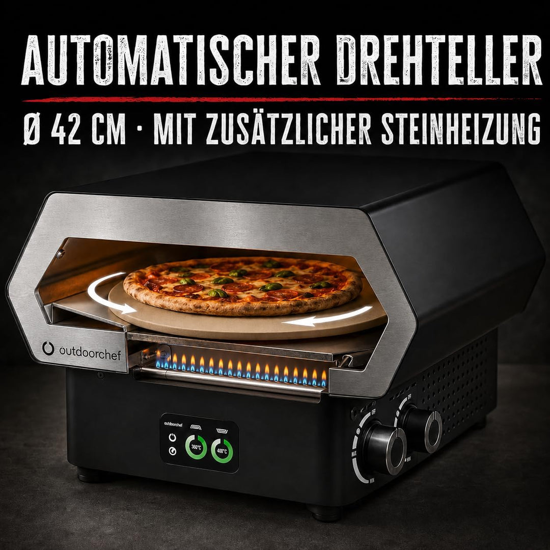 Outdoorchef PRISMO 420 G Gas-Pizzaofen – bis 450 °C, automatisch rotierender Pizzastein Ø 42 cm, Boo