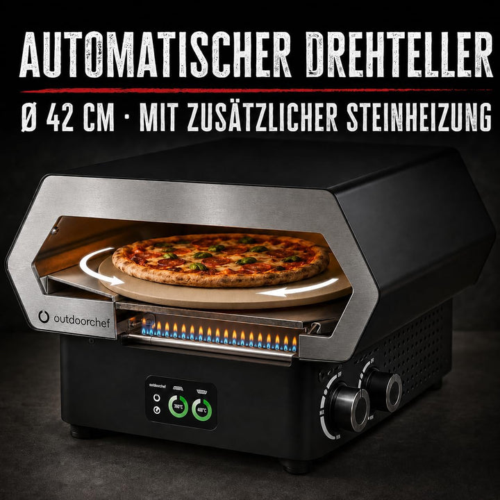 Outdoorchef PRISMO 420 G Gas-Pizzaofen – bis 450 °C, automatisch rotierender Pizzastein Ø 42 cm, Boo