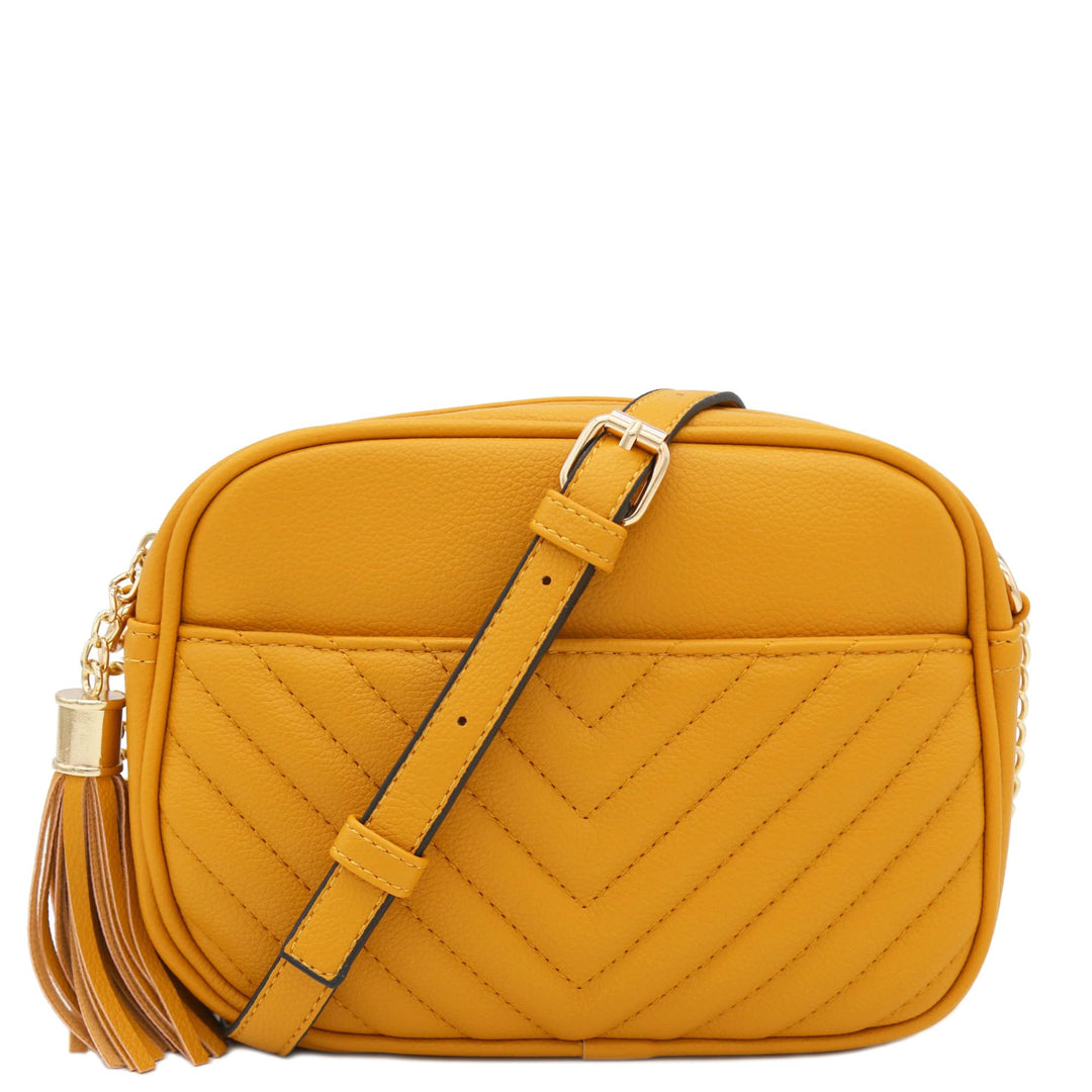 FashionPuzzle Chevron gesteppte Crossbody-Kameratasche mit Kettenriemen und Quaste Senf, Senf