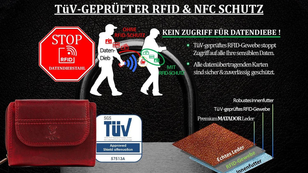 MATADOR® Echt Leder Geldbörse Damen Portemonnaie für Frauen TüV geprüfter RFID & NFC Schutz Geldtasc
