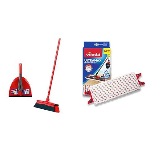 Vileda DuActiva Besen mit 3-TLG Stiel und 2in1 Kehrset &amp; UltraMax Bodenwischer Ersatzbezug, 1er-Pack