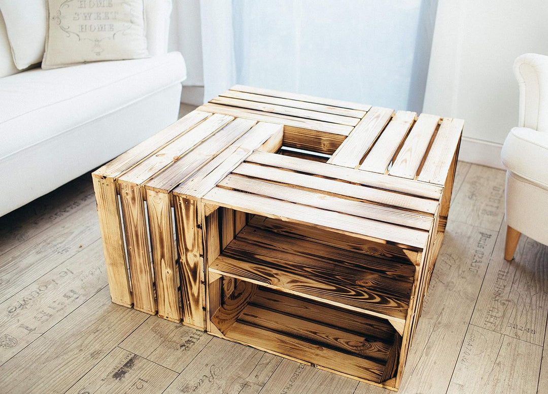 Massive Holzkisten als Schuhregal / Bücherregal LEICHT GEFLAMMT mit Zwischenbrett (verschraubt) Apfe