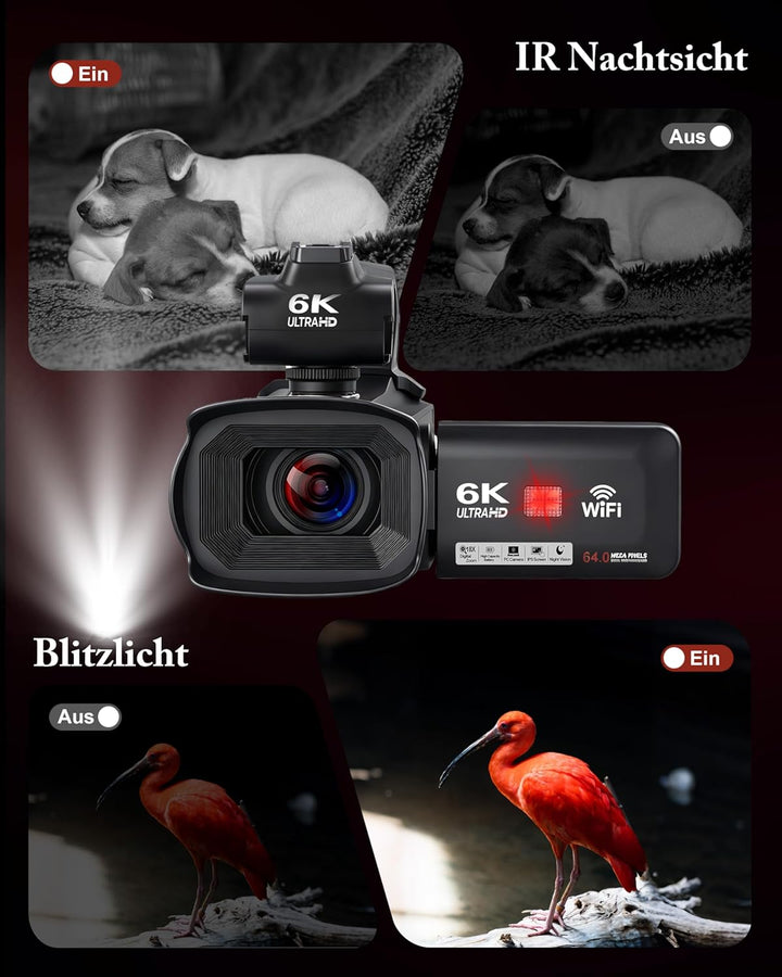 Videokamera Camcorder 6K 64MP 18X Digitalzoom Vlogging Camera mit IR Nachtsicht für YouTube, HD Webc