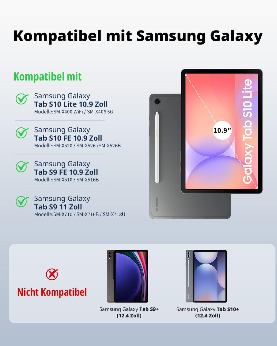 CACOE 360° Drehbare Hülle mit Tastatur für Samsung Galaxy Tab S10 Lite / S10 FE / S9 FE / S9 10.9/11