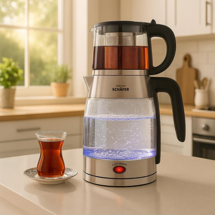 Teekocher Wasserkocher Edelstahl - Silber - mit Teesieb Abschaltautomatik und Warmhaltefunktion - 2,