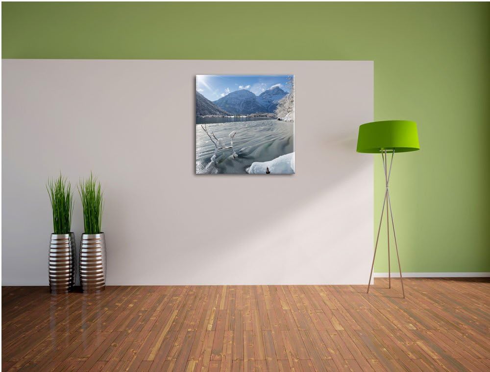 Winterlandschaft See, Format: 70x70 auf Leinwand, XXL riesige Bilder fertig gerahmt mit Keilrahmen,