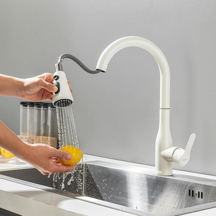ONECE Wasserhahn Küche Beige, Küchenarmatur ausziehbar mit 3 Wasserstrommodi & 360° drehbarem Auslau