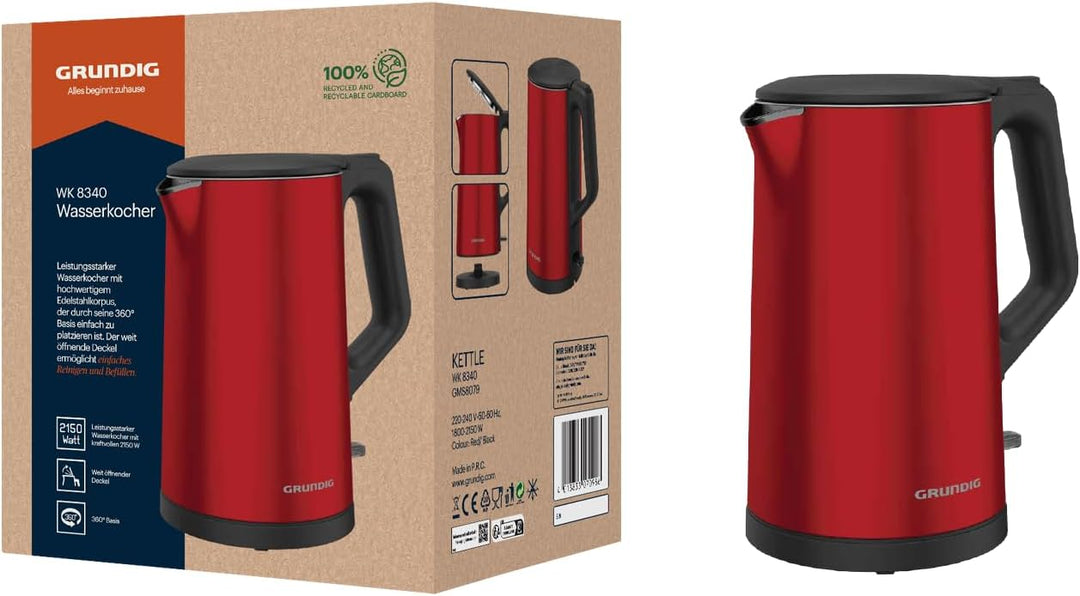 GRUNDIG WK8340 Wasserkocher Rot, 2150 W, 1,5 l Style 2024, Style 2024