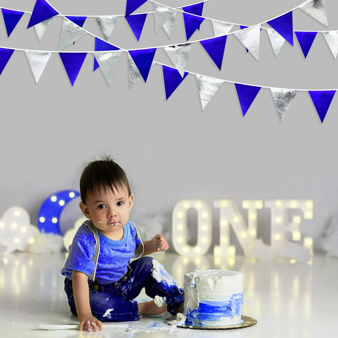 32Ft Silber Blau Stoff Dreieck Banner Flagge Doppelseitig Metallic Holographische Wimpel Wimpelkette