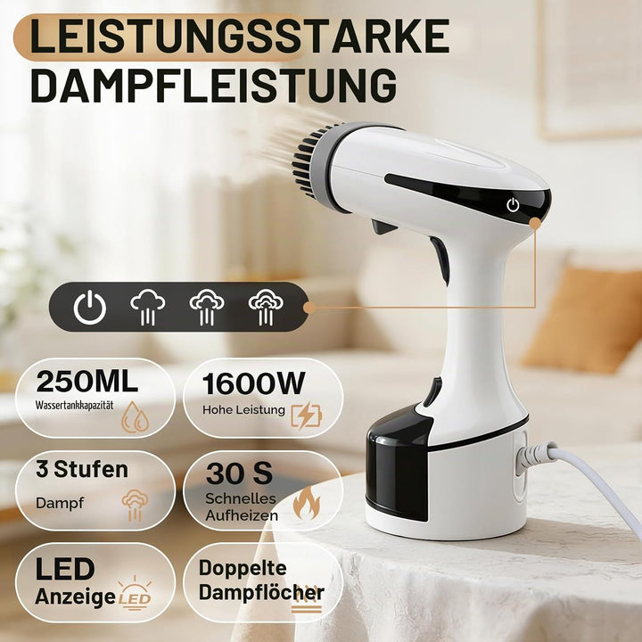 Cadrim Steamer Dampfglätter 1600W, 250ml Wassertank Tragbarer Dampfbügler mit 3 Dampfstufen, Steamer