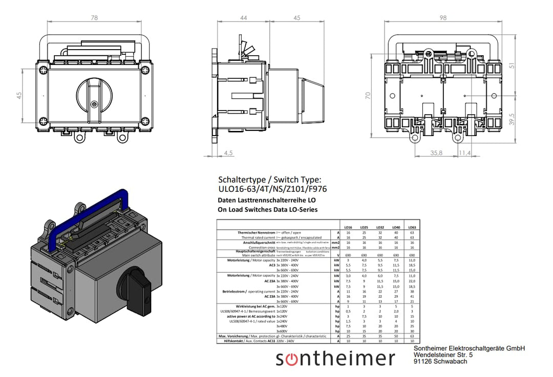 Sontheimer Umschalter 25A 4-polig 11,5 kW Netz-0-Not ULO25/4T/NS/Z101/F976, Umschalter/Schwarz, 2x4x