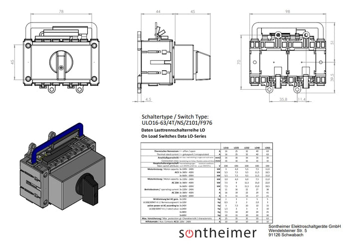 Sontheimer Umschalter 25A 4-polig 11,5 kW Netz-0-Not ULO25/4T/NS/Z101/F976, Umschalter/Schwarz, 2x4x
