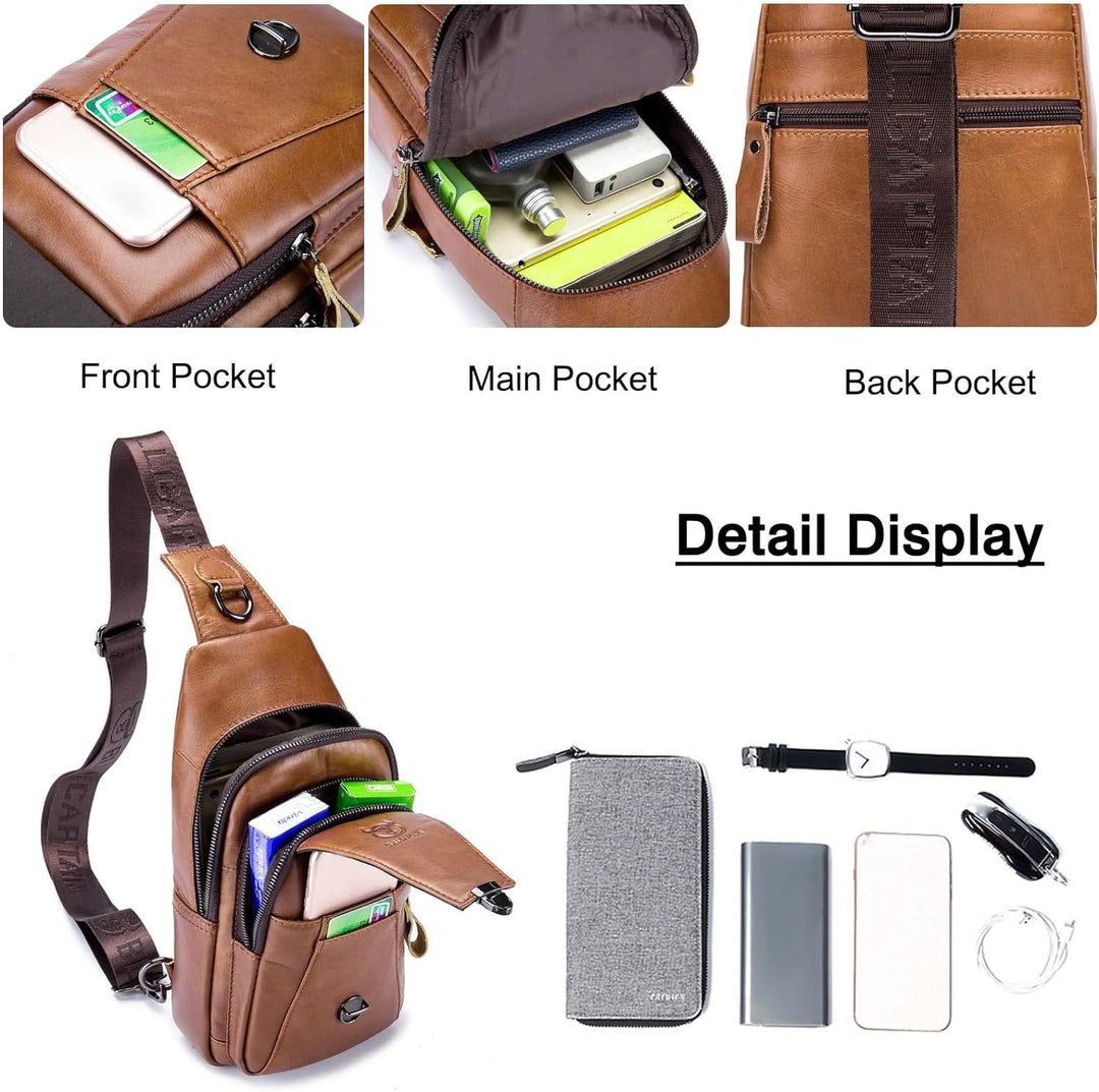 FANDARE Retro Brusttasche Leder Schultertasche Herren Sling Bag Geschäft Chest Bag Wasserdicht Umhän