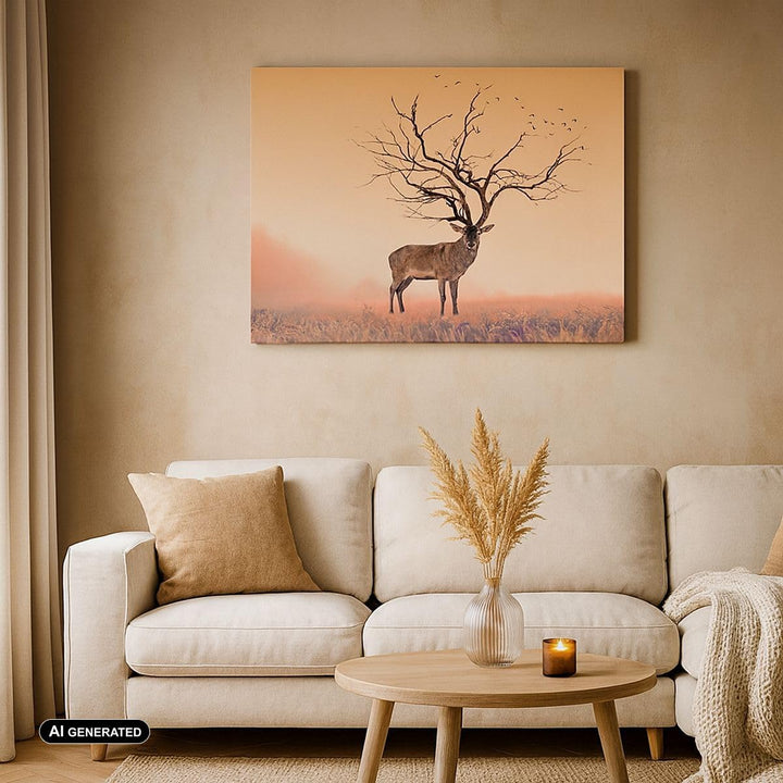 ARTTOR Bilder auf Leinwand Hirsch Baum Nebel Wald Leinwandbild 70x50cm Wandbilder Dekoration Wohnzim