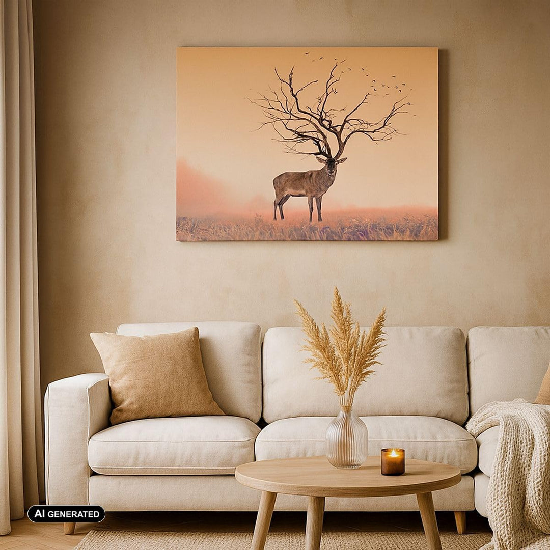 ARTTOR Bilder auf Leinwand 100x70cm Leinwandbild Hirsch Baum Nebel Wald Gross Wanddeko Bild Schlafzi