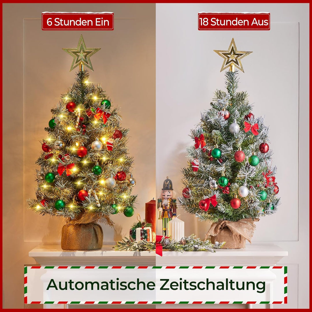 Yaheetech 2 Stück 98 cm Mini Künstlicher Weihnachtsbaum mit Schnee inkl. 50 Warmweiss LED & 70 Roten