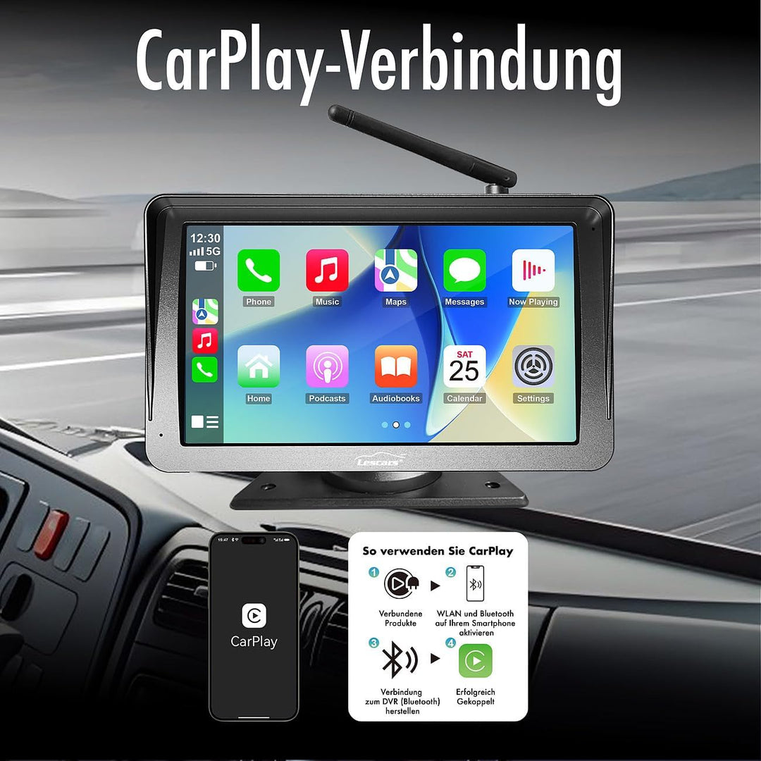 Lescars Auto Zubehör: Kabelloses Solar-Funk-Rückfahrkamera-Set, CarPlay-/Android-Auto-komp. (Abstand
