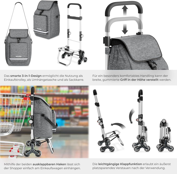 tectake® 3-in-1 Einkaufstrolley Treppensteiger, nutzbar als Umhängetasche, Sackkarre, Rollwagen klap