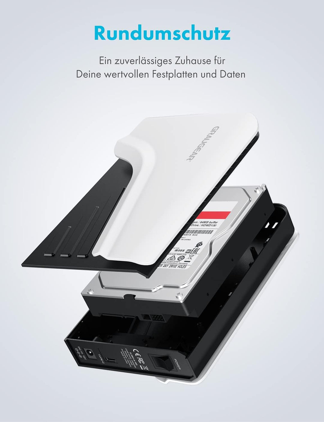 GRAUGEAR | Das Festplattengehäuse | für 3,5 oder 2,5 Zoll SATA Laufwerke | USB3.2 USB-C Anschluss |