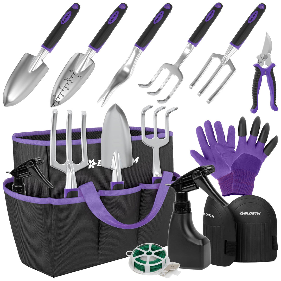 BLOSTM Gartenwerkzeug-Set, 11-teilig, robustes Gartengeräte-Set mit wasserdichter Tragetasche, rostf