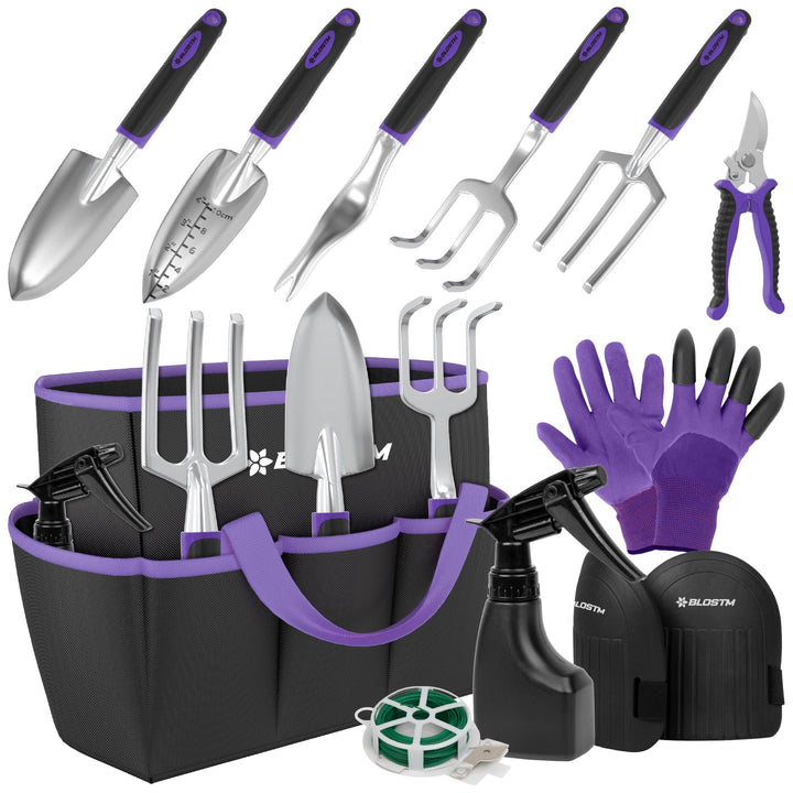 BLOSTM Gartenwerkzeug-Set, 11-teilig, robustes Gartengeräte-Set mit wasserdichter Tragetasche, rostf