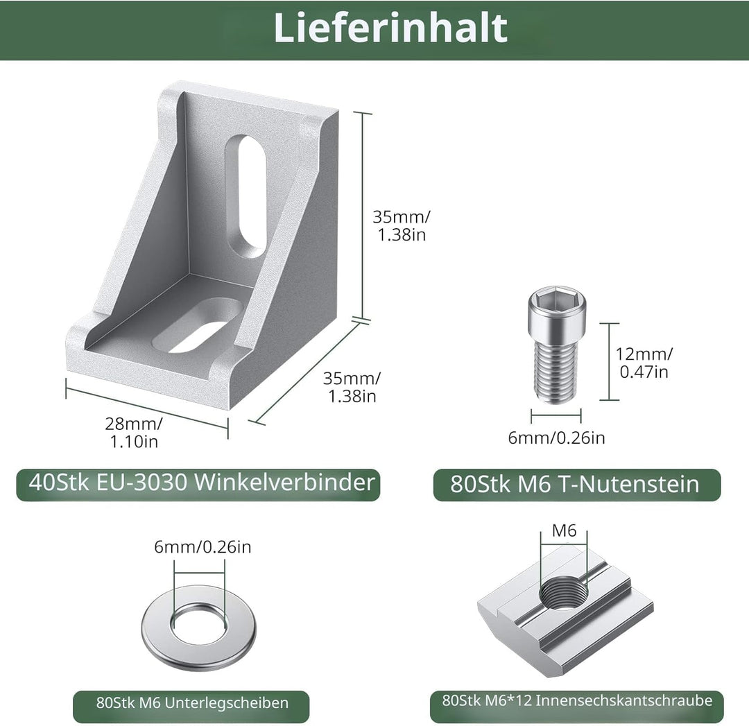 EYPINS 40x Befestigungsmaterial Winkel Befestigung, Aluprofil 30x30 & 30x60 Nut 8 Raster Streben Alu