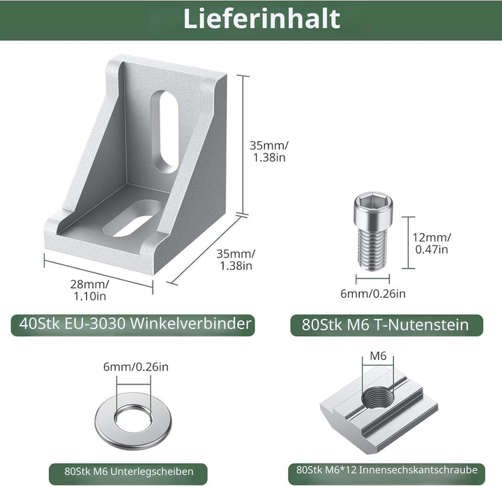 EYPINS 40x Befestigungsmaterial Winkel Befestigung, Aluprofil 30x30 & 30x60 Nut 8 Raster Streben Alu