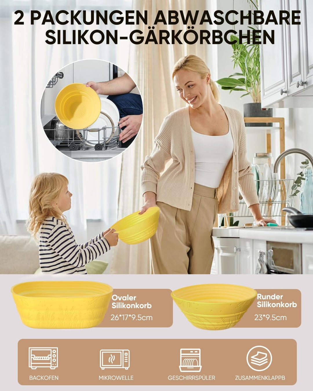 Gärkörbchen - 2 Gärkorb Set aus Silikon Oval und Rund,32 OZ Sauerteig Starter Set (Packung mit 2) Ge
