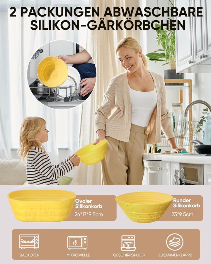 Gärkörbchen - 2 Gärkorb Set aus Silikon Oval und Rund,32 OZ Sauerteig Starter Set (Packung mit 2) Ge