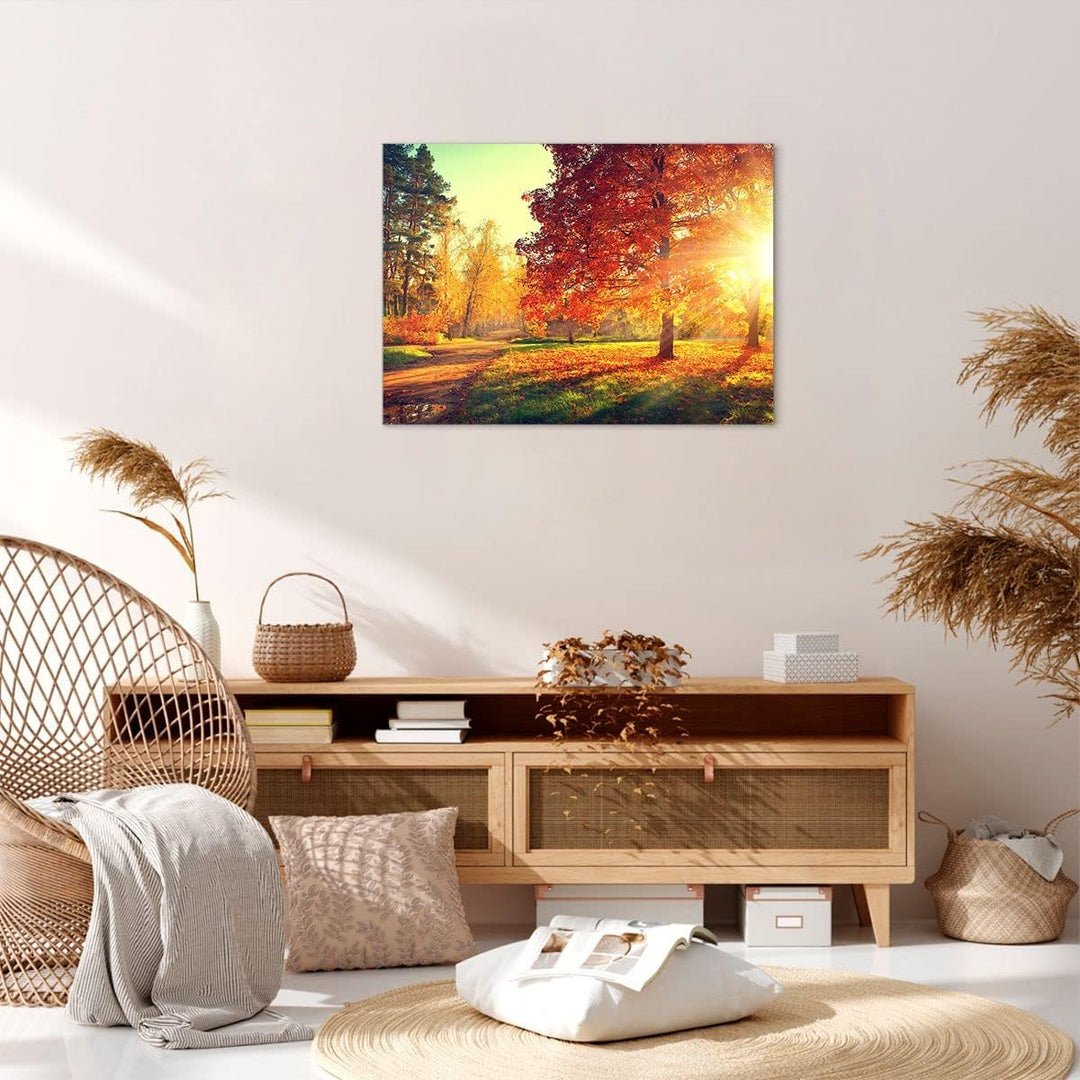 Bilder auf Leinwand Park Herbst Baum Leinwandbild mit Rahmen 70x50cm Wandbilder Dekoration Wohnzimme