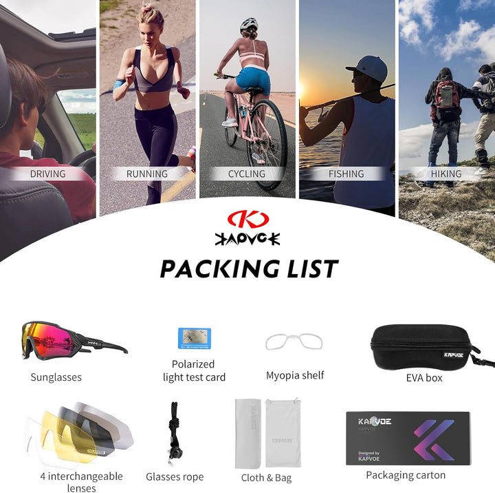 KAPVOE Polarisiert Fahrradbrille mit 1 Linse oder 5 austauschbare Linse TR90 Rahmen für Herren Damen