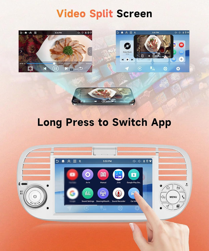Rimoody 4G+128G Android Autoradio für FIAT 500 2007-2015 Wireless Carplay Android Auto 7 Zoll Touchs