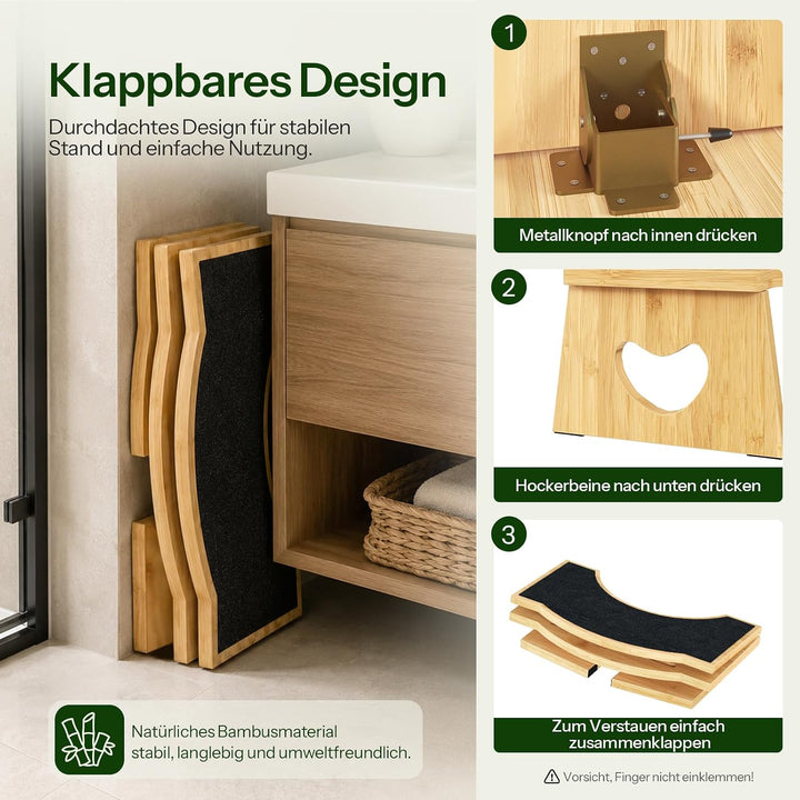 HOOBRO Klappbarer Toilettenhocker aus Bambus, Verstellbarer Klohocker mit Rutschfester Unterseite, m