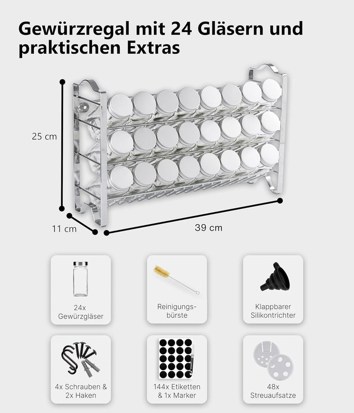 Deco haus Gewürzregal mit Gewürzgläser - 3 stufiges Metall Regal - Küchen Organizer Set, Gewürzregal