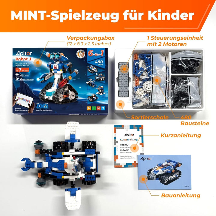 Robot J Programmierbarer Roboter für Kinder, 6-in-1 Kreativer Roboter Bausatz, App-Ferngesteuerter K