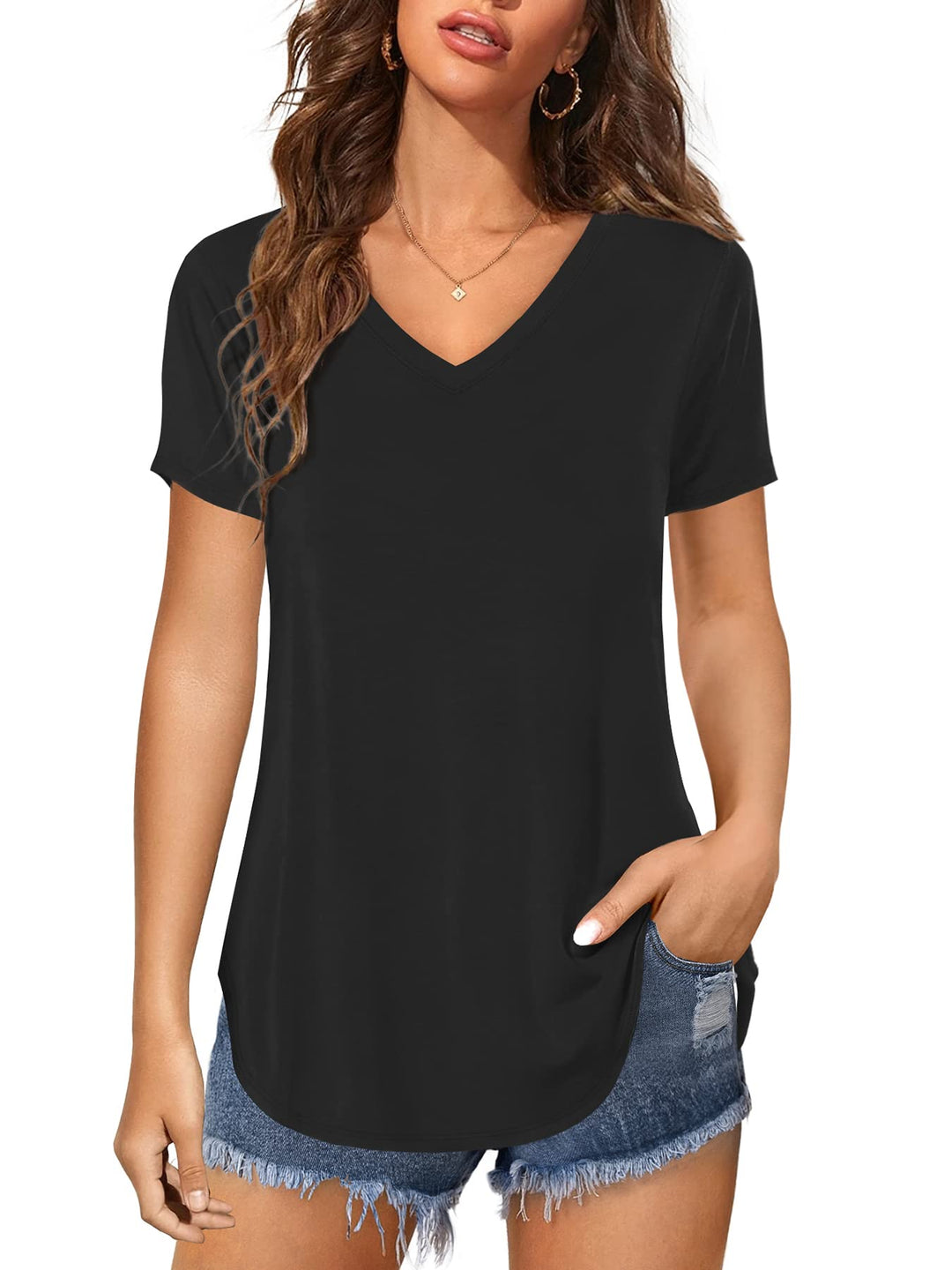 Florboom Tunika Damen Langarm/Kurzarm V Ausschnitt Oberteil Shirts Basic Casual Longshirt XL Aa-schw