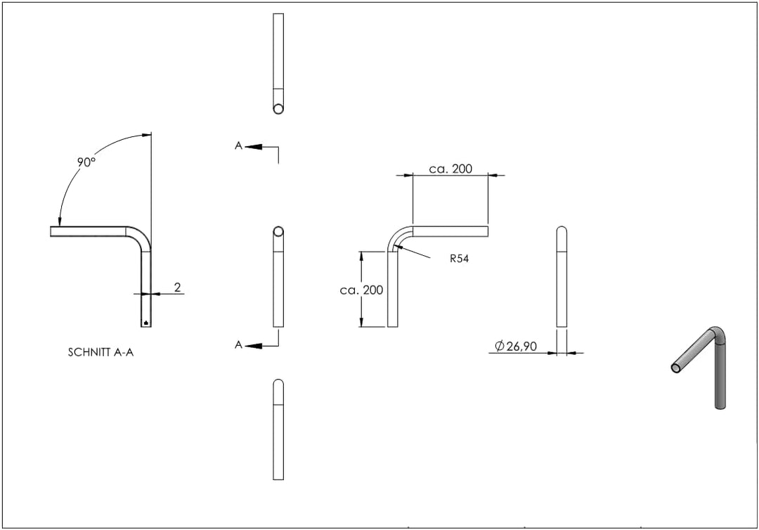 Fenau | Stahl Rohrbogen | 90° | 26,9x2,0 mm | Stahl S235JR, roh Winkel: 90° 26,9x2,0 mm | 3/4" RM 54