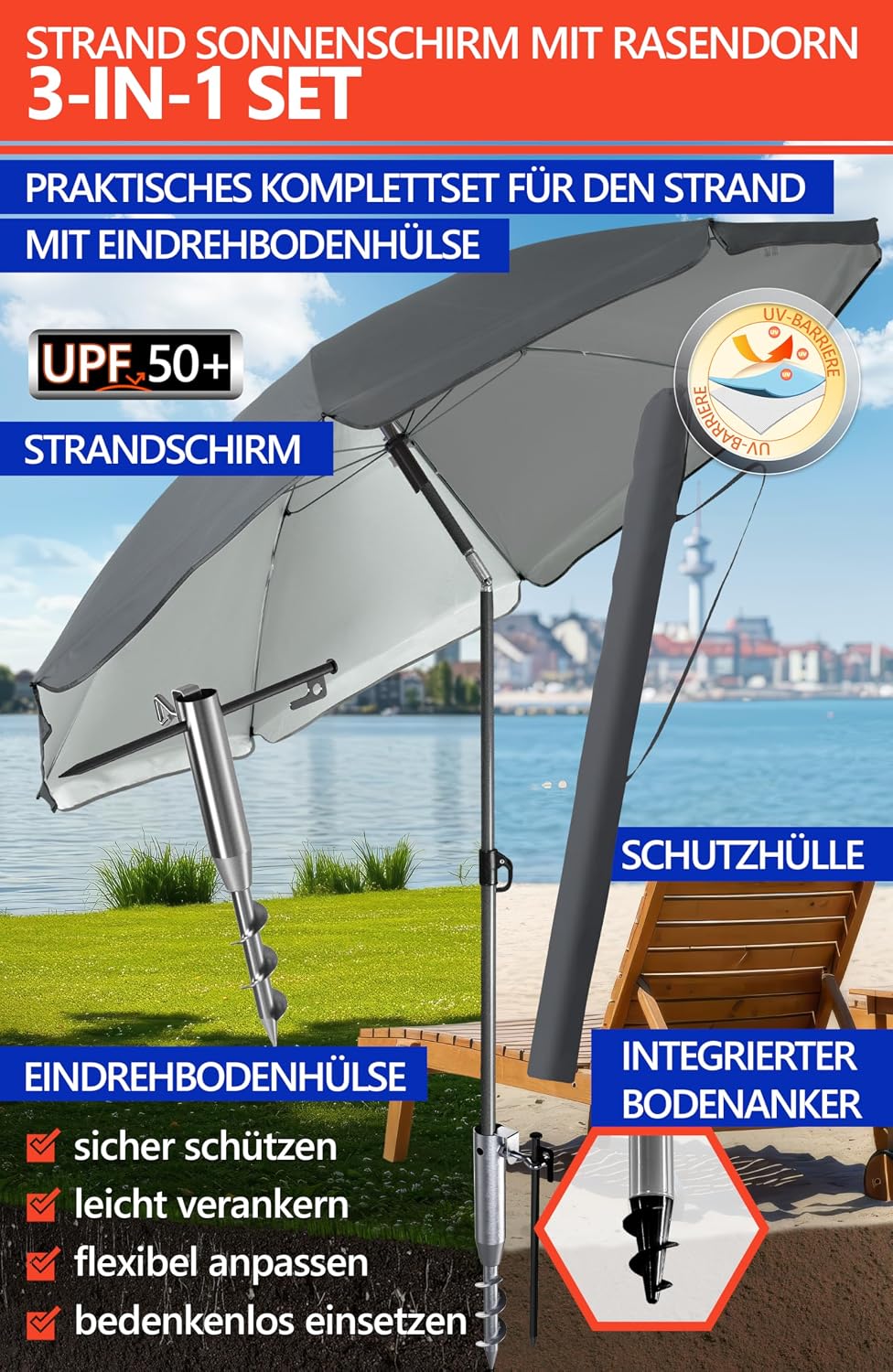 4smile Sonnenschirm Strand Set 3-in-1, Ø 180 cm Strandschirm Windfest Stabil mit Schirmhülle &amp; Eindr