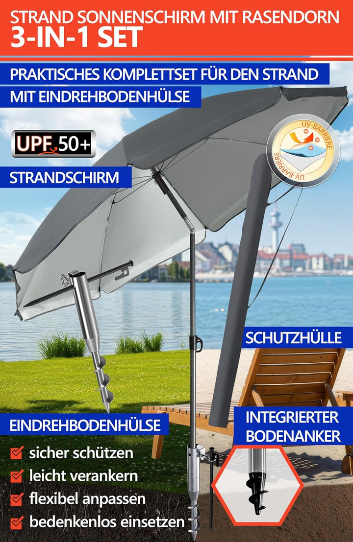4smile Sonnenschirm Strand Set 3-in-1, Ø 180 cm Strandschirm Windfest Stabil mit Schirmhülle &amp; Eindr