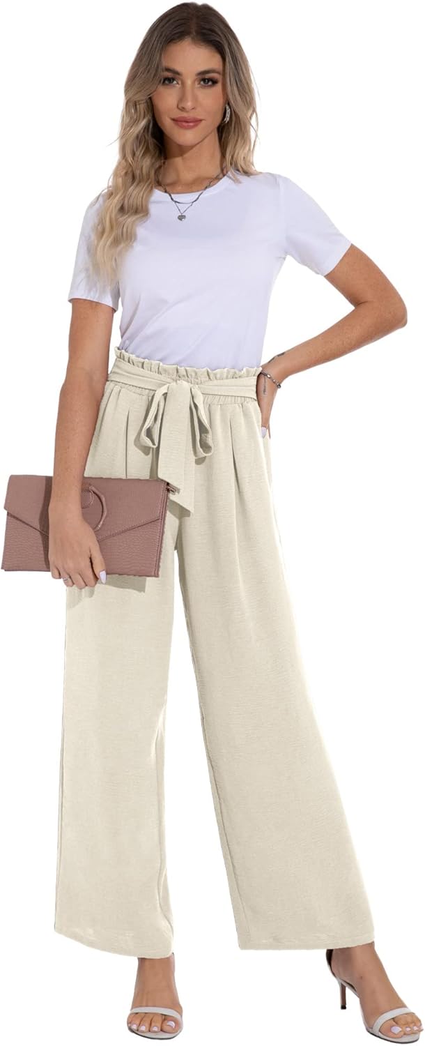 PrinStory Damen Hose Mit Weitem Bein Leichte Elastische Taille Sommer Hose Mit Taschen Kausale Arbei