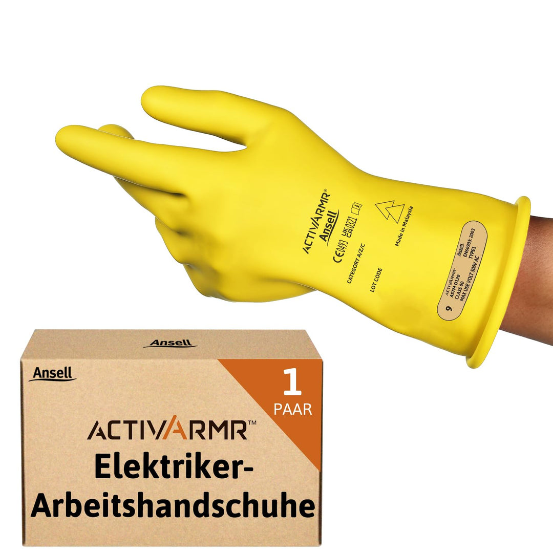 Ansell ActivArmr Elektriker-Schutzhandschuhe, Elektroschutz Klass 00 (500V), Elektrisch Isolierende