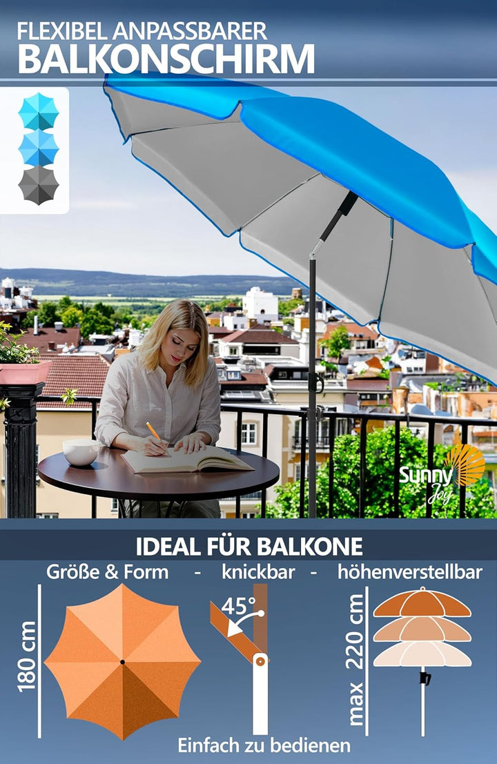 4smile Sonnenschirm Balkon SunnyJoy Ø 180 cm, 3-IN-1 Set - UPF 50+ Balkon Schirm + Sonnenschirmhalte