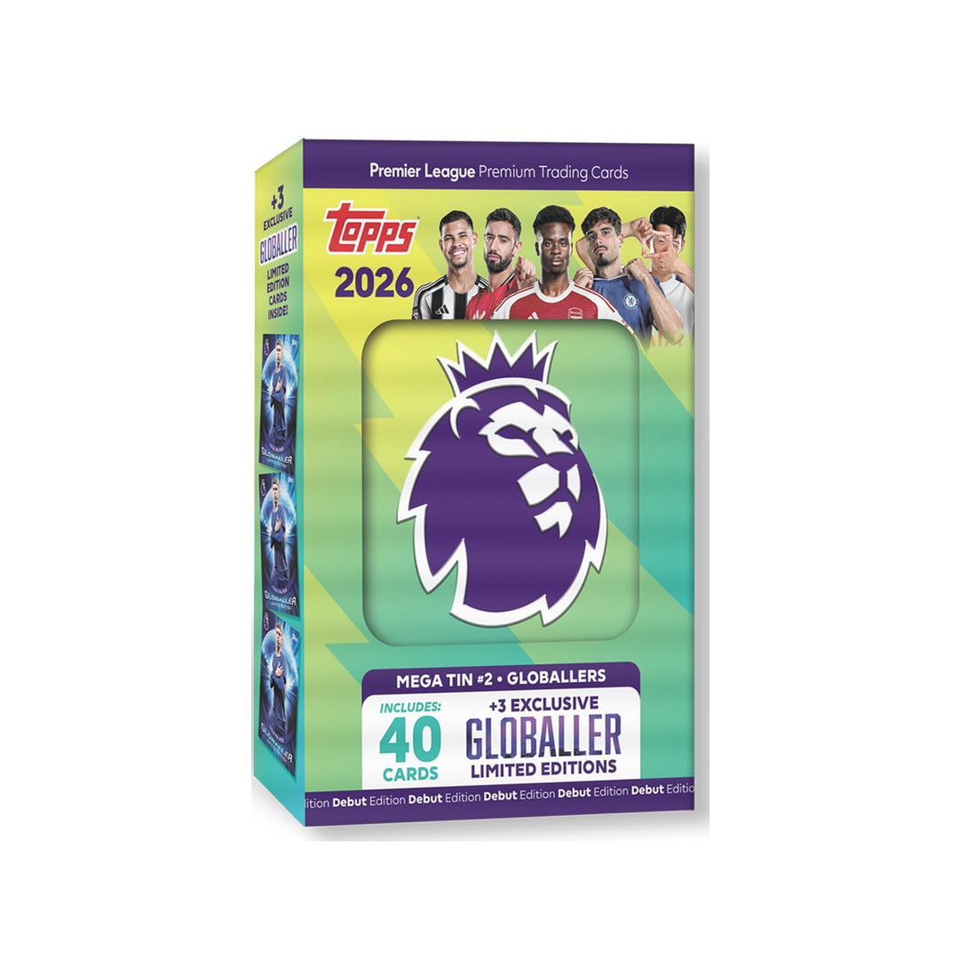 Topps Premier League 2026 - Debüt-Edition - Mega Tin (Globallers). Enthält 40 Karten Plus 3 Globalle