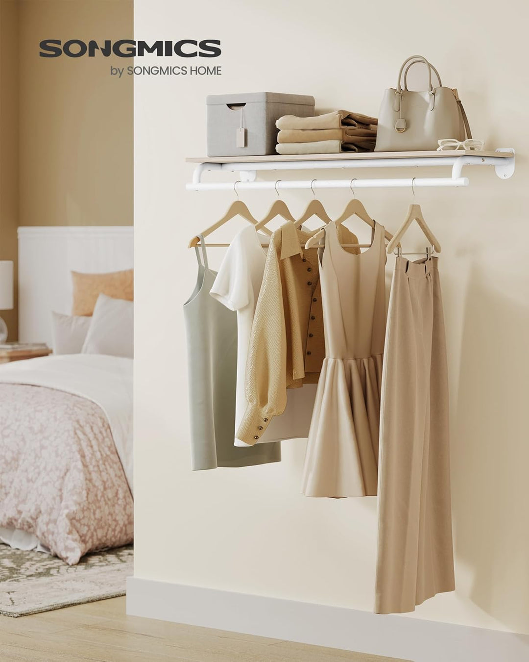 SONGMICS Wandgarderobe, Garderobe, Wandregal mit Kleiderstange, Gesamtbelastbarkeit 35 kg, 28 x 109