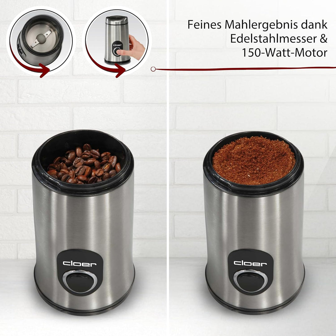 Cloer 7579 Elektrische Kaffeemühle, 150 W, für bis zu 50 g Kaffeebohnen, mattiertes Edelstahlgehäuse