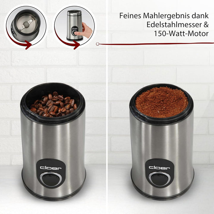 Cloer 7579 Elektrische Kaffeemühle, 150 W, für bis zu 50 g Kaffeebohnen, mattiertes Edelstahlgehäuse
