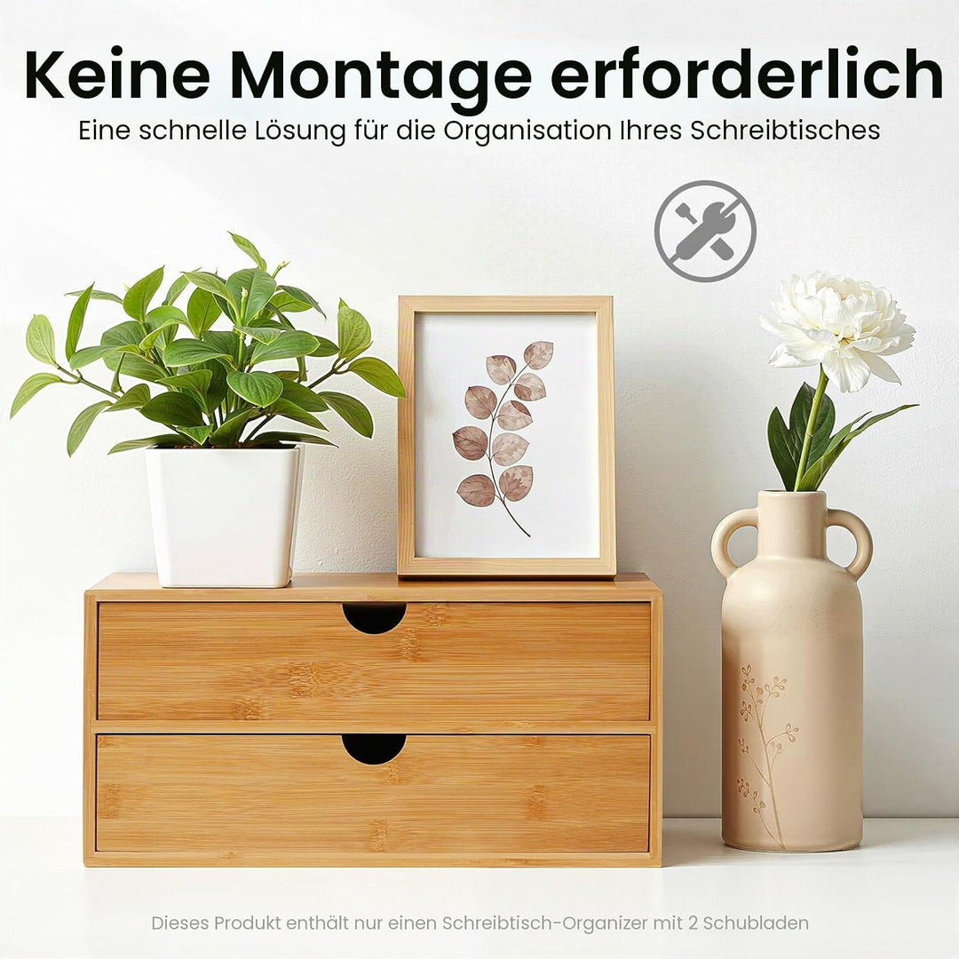 Schubladenbox, Schreibtisch Organizer 2 Schubladen Bambus, Naturbelassener Desktop Organizer 33x19x1